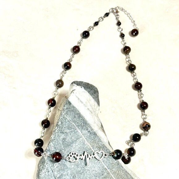 Genuine Dark Brown Agate Necklace, Natural Gemstone & Paw Print Heart Beat Charm - Picture 4 of 14